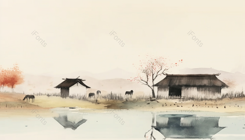 乡村房屋建筑水墨风格背景图,插画/手绘图,插画/手绘图库,插画/手绘图下载,插画/手绘